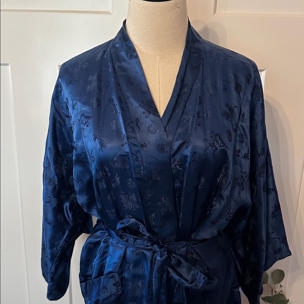 Vintage Esme Women's embroidered dragon embossed Chinese blue L pure silk robe - Picture 5 of 14